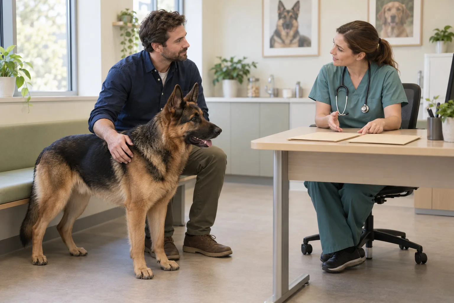 Owner and veterinary professional discussing paperwork with a dog beside them
